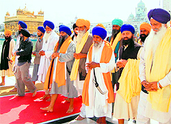 A Sikh jatha at the Akal Takht before leaving for a march to Nanded Sahib on Wednesday in Amritsar