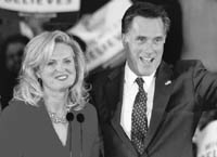 Republican presidential candidate Mitt Romney and his wife Ann at a primary night gathering in Novi, Michigan