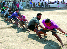 Jail inmates particpating in tug-of-war during the Prison Olympics organised in the Central Jail, Ferozepur, on Thursday