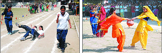 Participants laugh even as they fall during an event and students present a cultural programme (right) at the inaugural ceremony of the annual athletic meet organised by the SSD Group of Colleges at the SSD Girls College in Bathinda on Thursday.
