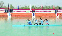 A kayaking team participates in the All-India Police Kayaking and Canoeing Championship at Roorkee