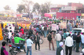 A view of the traffic jam on the GT Road near Pipli, Kurukshetra, on Thursday.