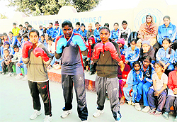 Trainees of the Sher-e-Punjab Sports Academy Chakar who bagged two silver and one bronze medal in the Inter-University Boxing Tournament held at Jalandhar
