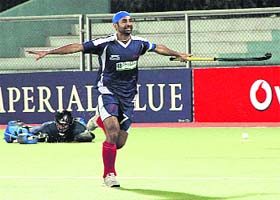 Sher-e-Punjabs Prabhhjot Singh celebrates after scoring against Chennai Cheetahs in Jalandhar on Thursday