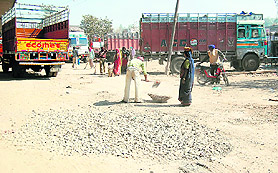 Construction work in progress on a road near Ghee Mandi in Amritsar on Friday.