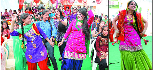 (Left) Students of Guru Nanak Dev Khalsa Girls College during the farewll party held on the college premises in Bathinda on Friday; a students presents a cultural item at the event. 