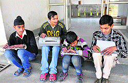 Four visually impaired students from Jammu who will participate in a national Braille competition at Mount Abu