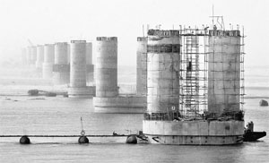 The under-construction bridge over the Brahmputra at Bogibil in Dibrugarh