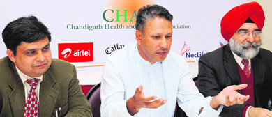 (From left) Dr Aman Sharma, Jeev Milkha Singh and JS Cheema at the launch of CHAWA charity golf in Chandigarh on Friday. 