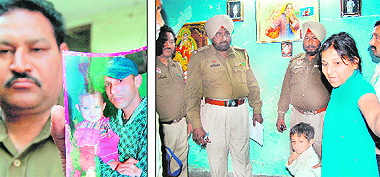 A policeman shows a file photo of the deceased; and (right) a police team conducts investigations at the scene of the crime in Amritsar on Saturday.