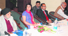 Ministry of Textile joint secretary Suniana Tomar takes part in an interactive session with textile manufacturers and traders in Amritsar on Saturday.