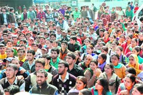 Activists of the Nehru Youth protest in support of their demands in Jammu on Saturday