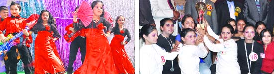 Students perform dance during a function at Police DAV Public School; and (right) students of Government Polytechnic College for Girls, Jalandhar, in a cheerful mood after winning the overall trophy on the concluding day of the Inter-polytechnic Youth Festival in Jalandhar on Saturday