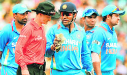 Captain MS Dhoni seen arguing with the umpire in one of the matches of the tri-series from which India were knocked out,