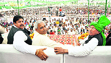 INLD secretary-general Ajay Chautala, Rajya Sabha member Ranbir Gangwa and former Chief Minister Om Prakash Chautala at a Kumhar Sammelan in Hisar on Sunday.