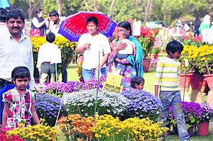 Visitors throng a flower show organised at Leisure Valley Park in Gurgaon on Sunday.