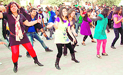 Participants break out in a sudden dance during a flash mob in Ludhiana on Sunday