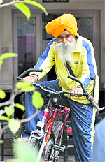 Pritam Singh Khalsa, a world record-holder cyclist, at a flower show organised by Gurdwara Sri Guru Singh Sabha in Ludhiana on Sunday