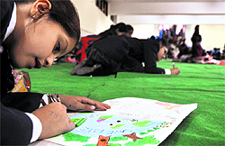 Students take part in a painting competition at Gurdwara Sri Guru Singh Sabha, Sarabha Nagar, Ludhiana