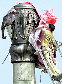 Statues of elephants (BSPs symbol) being uncovered after the Uttar Pradesh Assembly elections at Mayadham Park in Noida on Sunday