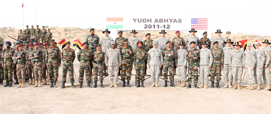 Indian soldiers prepare for an exercise with the US troops on Monday in the desert of Rajasthan.