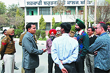 Deputy Commissioner KK Yadav and SSP Sukhchain Singh Gill reviewing arrangements at the counting centre set up at the Government Polytechnic College in Bathinda on Monday.