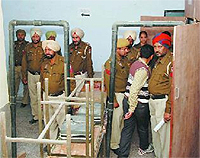 Framed metal detectors installed at the main entry point to the counting centre set up at the Government Polytechnic College in Bathinda. 