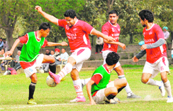 Players of DAV Club and Coaching Centre-17 in action during the match at the Sector 17 football stadium, Chandigarh