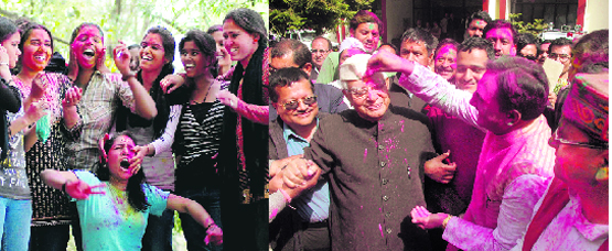 A group of girls celebrates Holi at MKP Girls College, and former Uttarakhand Chief Ministers ND Tewari and Ramesh Pokhriyal Nishank enjoy a Holi Milan programme held in Dehradun