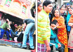 Satish Kumars body being taken to hospital; and (right) the grieving family members of the victim in Ludhiana on Monday