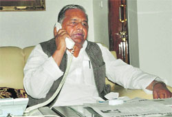 Samajwadi Party chief Mulayam Singh Yadav at his residence in Lucknow on Monday, a day before the counting of votes for the UP elections