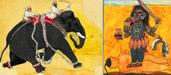 Nainsukhs Galloping Elephant from Howard Hodkins collection; and (right) Bhadrakali (auspicious Kali) stands astride a corpse