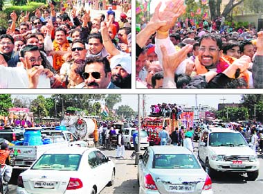 (Clockwise) Dr Rajkumar of the Congress, Anil Joshi of the BJP rejoice on their win and traffic comes to a halt outside Khalsa College as SAD-BJP supporters dance in Amritsar on Tuesday