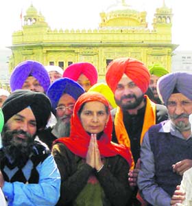 Winning candidate Dr Navjot Kaur Sidhu pay obeisance at the Golden Temple in Amritsar on Tuesday