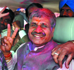 Peoples choice: Sarup Chand Singla flashes victory sign after securing the Bathinda (Urban) Assembly seat for the SAD (B), in Bathinda