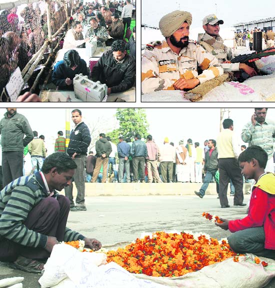 (Clockwise) The counting of votes under way at the Niranjanpur Mandi centre in Dehradun on Tuesday; security personnel man the counting centre; and flower sellers prepare garlands