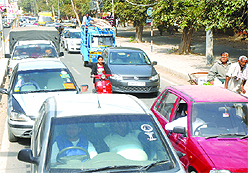A traffic jam due to the blocking of various roads during counting in Jalandhar on Tuesday. 