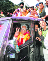 BJP candidate from Jalandhar (West) Bhagat Chunni Lal with his supporters on Tuesday. 