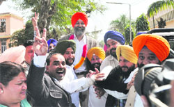 Ranjit Singh Dhillon, a SAD candidate from the Ludhiana (East) constituency, being greeted by supporters after winning the election in Ludhiana.