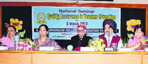 Speakers participate in a seminar at the GHG Harparkash College of Education for Women at Sidhwan Khurd, on Tuesday.