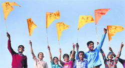 Children celebrate SAD victory near Sangrur.
