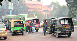 Auto-rickshaws parked at the BK Chowk in Faridabad, in violation of the traffic norms.