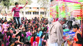 Students of Government College for Women celebrate Holi in Gurgaon; and (right) people buy water guns at a shop in Karnal