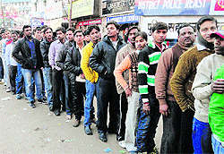 A long queue of devotees outside the yatra registration counter in Katra