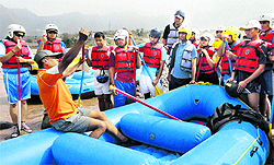 Students being briefed on handling a raft during a seven-day adventure course at Reasi