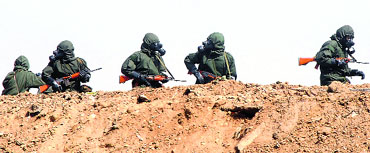 The NBC QRT team of Vajra Corps during the Vajra Sahayta exercise at Ansal Plaza in Jalandhar on Wednesday. 