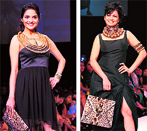Actress Maria Goretti and Madhu display the creation of designer Malini Agarwalla at Lakme Fashion Week 2012 in Mumbai