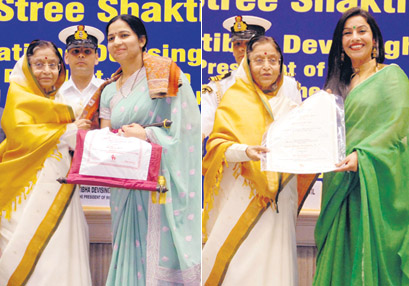 Chandigarhs Kanwaljit Kaur (left) and Jagmati Malik of Haryana receive the award from President Pratibha Patil in New Delhi on Wednesday.