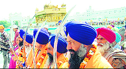 Punj Piare lead a religious procession at the Golden Temple on Holla Mohalla 