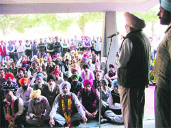 PAU employees at a rally outside Thapar Hall in Ludhiana on Friday. 